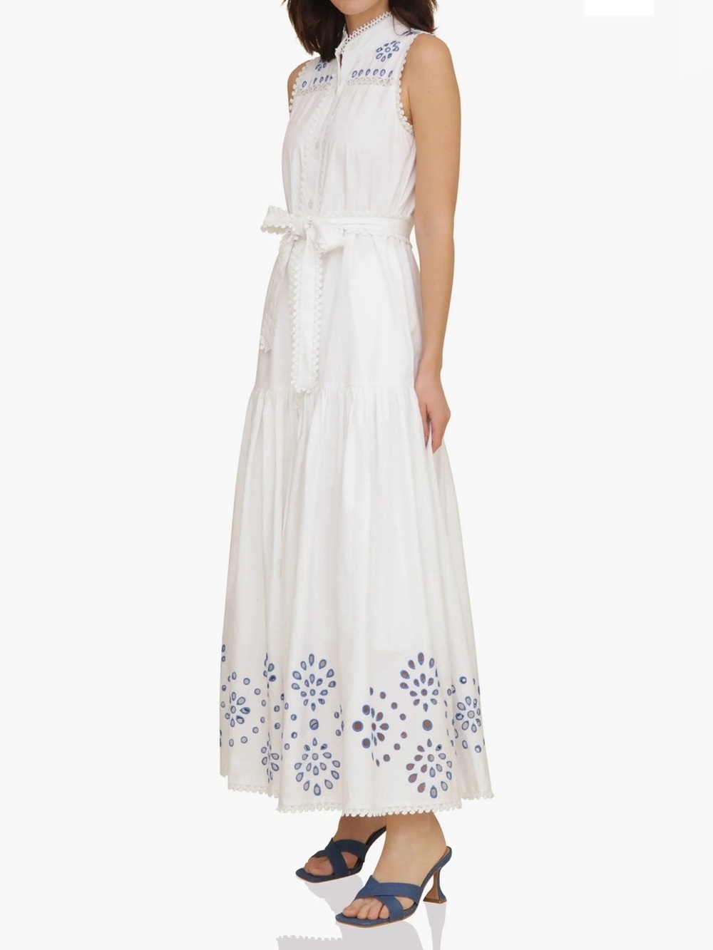 Avec Les Filles White Maxi Dress with Cobalt Blue Eyelet Detail 12 - Picture 4 of 10